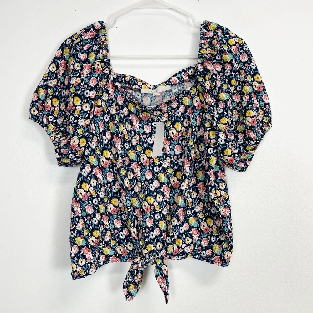 Loft Shirt Womens Size Medium Puff Sleeve Blouse Navy Blue Multi Floral NWT